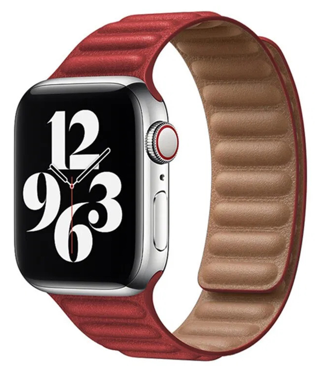 Ремешок кожаный New Apple Watch 42/44 мм на магнитной застежке красный в Тюмени